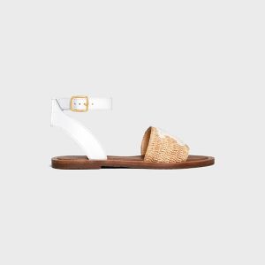 Celine Lympia Flat Strap Sandals Women Raffia and Calfskin Beige/White