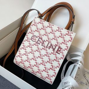 Celine Mini Vertical Cabas Bag in Triomphe Canvas with Celine Print White/Burgundy