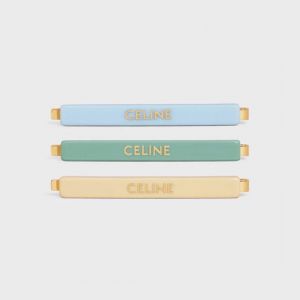 Celine Set Of 3 Hair Clip in Acetate and Steel with Celine Print Gold