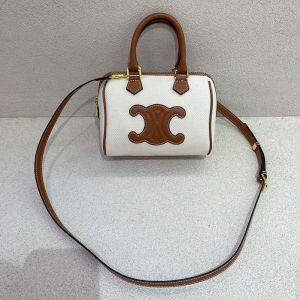 Celine Small Boston Bag in Textile with Cuir Triomphe White/Brown