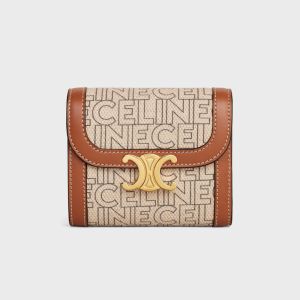 Celine Small Trifold Wallet Triomphe in Celine Print Textile Beige