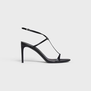 Celine T-bar Crystal Triomphe Sandals Women Calfskin with Ankle Strap Black