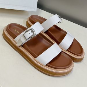 Celine Tippi Platform Slides Women Calfskin with Celine Western Buckle White