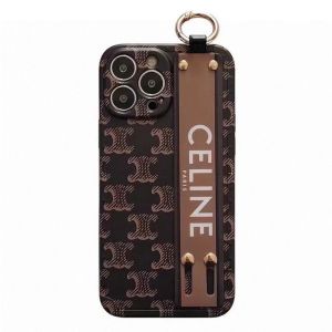 Celine Triomphe iPhone Case in Monogram Silicon with Ring and Wrist Strap Black