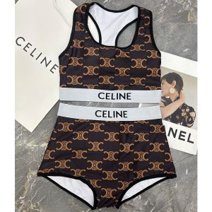 Celine Triomphe Racerback Bikini Women Monogram Lycra with Celine Embroidery Black/Brown