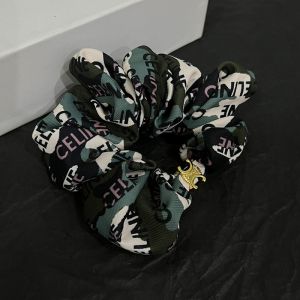 Celine Triomphe Rayure Scrunchy in Silk and Brass with Allover Celine Print Green