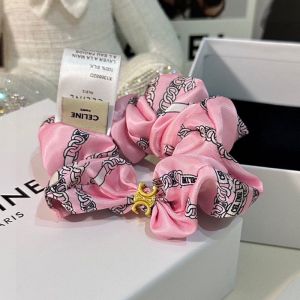 Celine Triomphe Rayure Scrunchy in Silk and Brass with Triomphe Chain Jacquard Pink