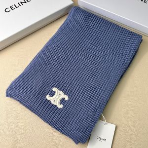 Celine Triomphe Scarf In Ribbed Wool Blue