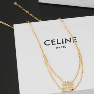 Celine Triomphe Rhinestone Suspended Necklace in Brass with Crystals Gold