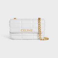 Celine Claude Chain Shoulder Bag in Quilted Calfskin with Celine Letters White