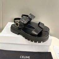 Celine Clea Triomphe Platform Sandals Women Calfskin with Ankle Strap Black