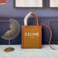 Celine Mini Vertical Cabas Bag in Textile with Celine Paris Print Orange/Brown