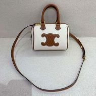 Celine Small Boston Bag in Textile with Cuir Triomphe White/Brown