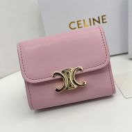 Celine Small Compact Wallet with Coin Triomphe in Shiny Calfskin Pink