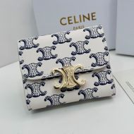 Celine Small Compact Wallet with Coin Triomphe in Triomphe Canvas White/Navy Blue