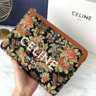 Celine Small Pouch in Floral Jacquard and Calfskin Black/Brown