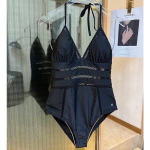 Celine Triomphe Halterneck Swimsuit Women Lycra and Mesh Black