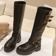 Celine Bulky High Biker Boots Women Calfskin with Harness Black/Gold