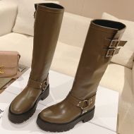 Celine Bulky High Biker Boots Women Calfskin with Harness Khaki