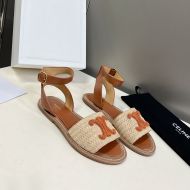 Celine Lympia Flat Strap Sandals Women Raffia and Calfskin Beige/Brown