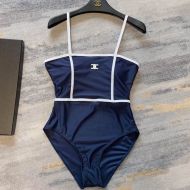 Celine Triomphe Spaghetti Straps Swimsuit Women Lycra Navy Blue/White